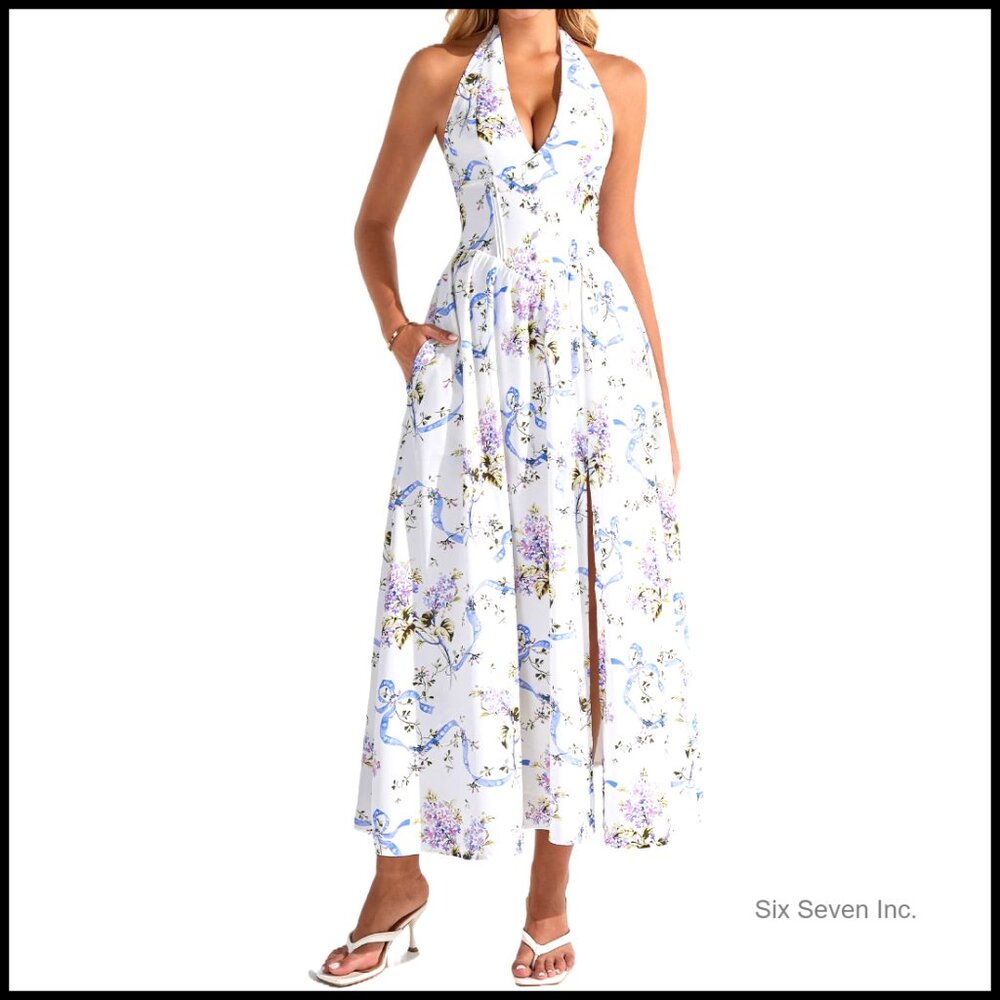 Floral Halter Corset Midi Dress With Pockets A-Line V-Neck